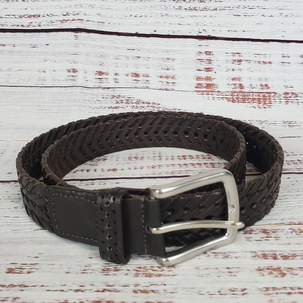 Men's Size L Brown Woven Genuine Leather Belt Silver Tone Buckle Cowboy Western